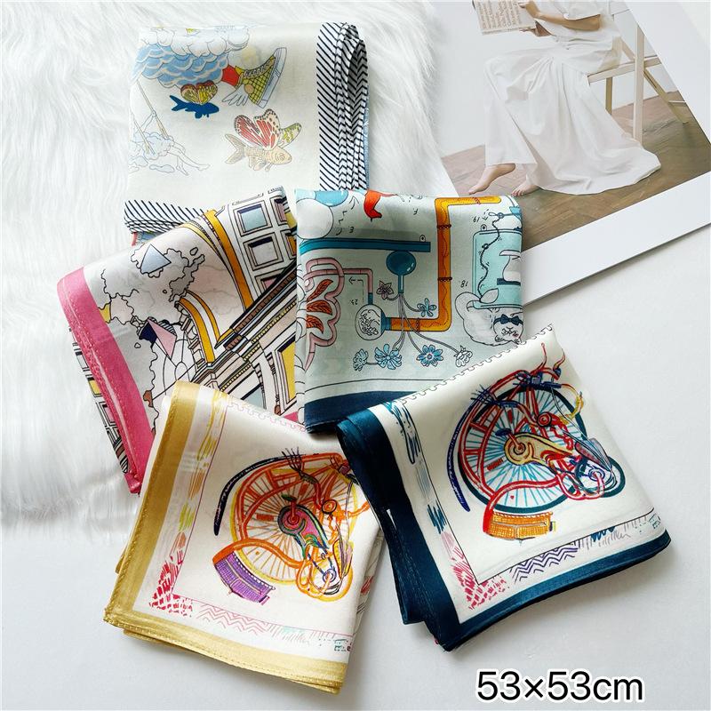 53*53cm Square Silk Scarf Women's Fashion Printed Small Neck Scarf Office Women's Hair Belt Folar Handkerchief Women's Handkerchief Scarf