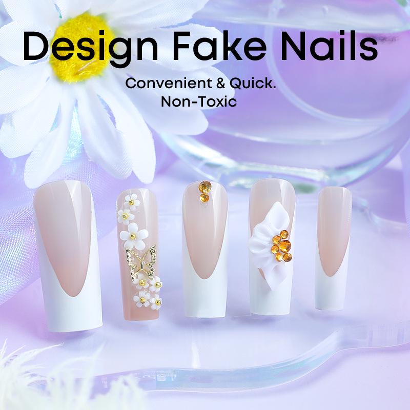 Европейский и американский ручной работы белый французский кончик длинные ногти с 3D цветочным дизайном