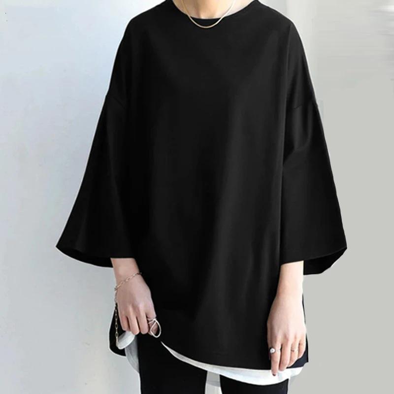 Women's 2024 Spring/Summer Solid Color Crew Neck Slit Long Sleeve Loose Top