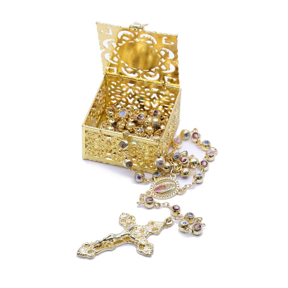 Серьги Шкатулка для сокровищ Металлическая шкатулка для хранения ювелирных изделий с гравировкой Органайзер для ожерелий Золотая шкатулка с бусинами Розария Для юбилеев Подарок на туалетный столик