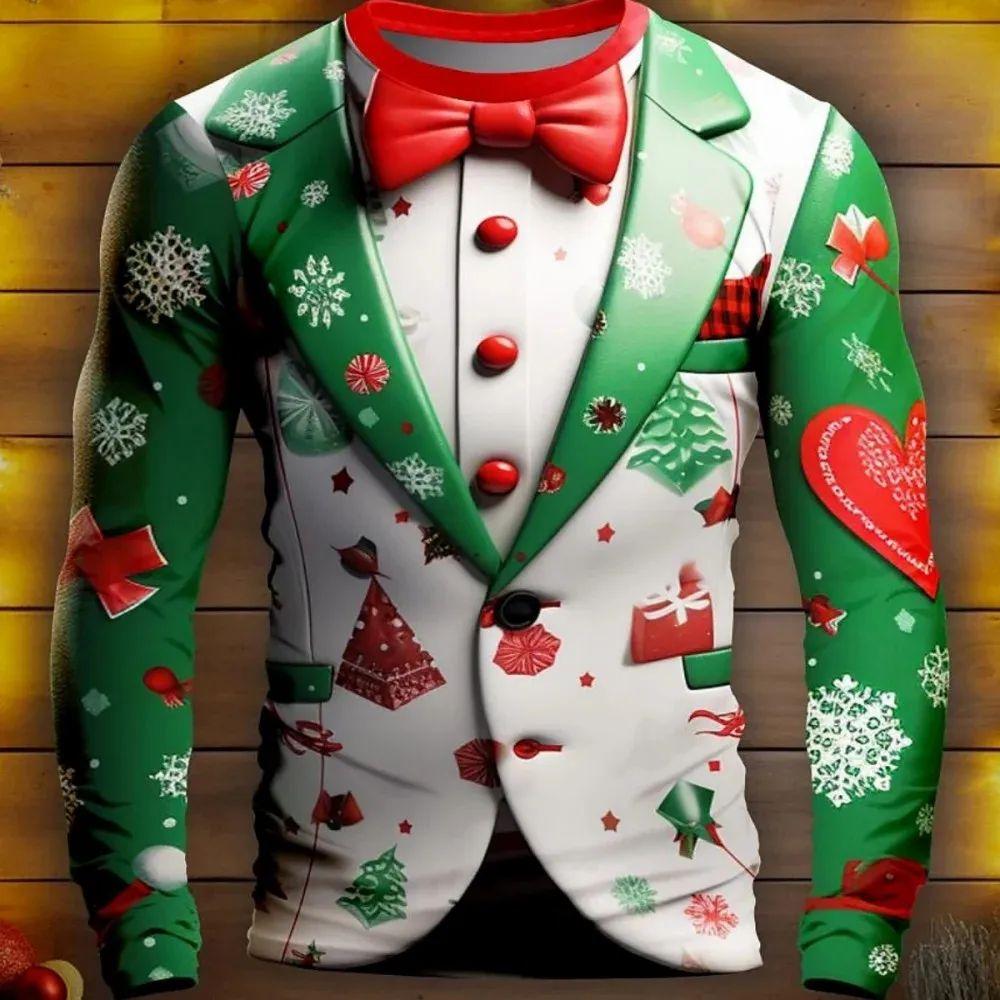 Man Business Christmas Party Series Fake Suit Fashion Interesting 3d Printed Long Sleeve Crew Neck Trend Plus Size Clothing