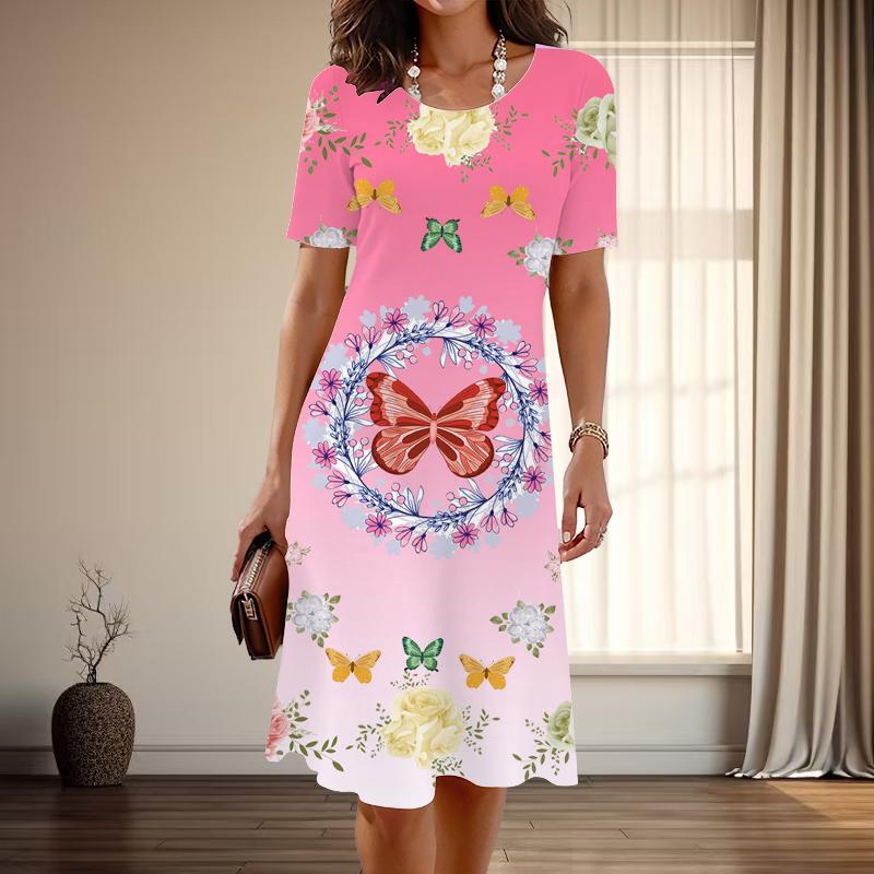 Женская мода изящный принт бабочки лето весна короткий рукав О-образный вырез повседневные платья