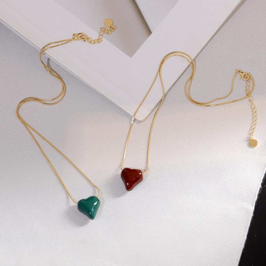 Instagram Blogger Popular Autumn and Winter New Love Enamel Drop Glaze Necklace Morandi Color Dark Wine Red BV Green Sweater Chain