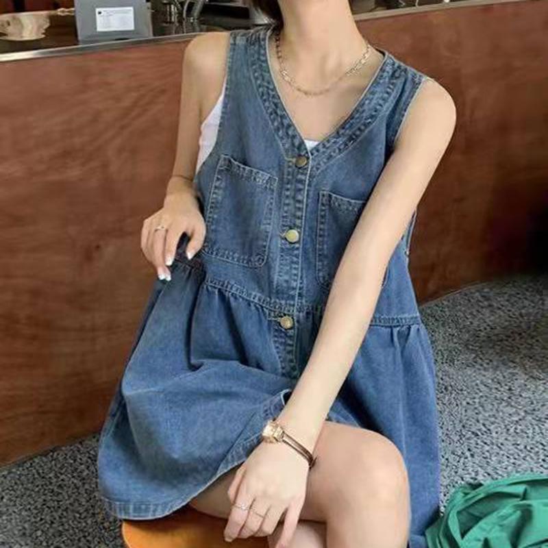 High Waisted Cowboy Strap Dress V-neck Pleated Denim Camisole Dress Single Breasted Retro Sleeveless Short Dress Girls