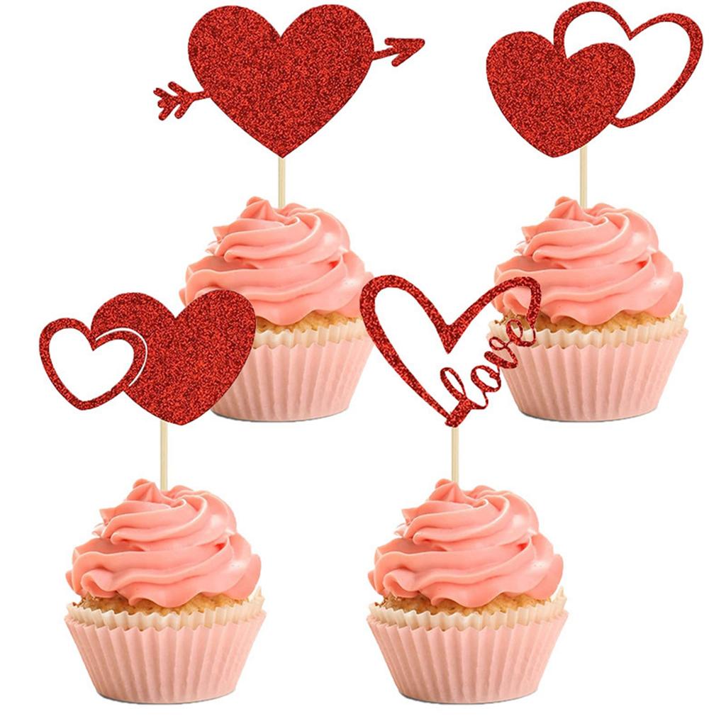 YOMDID 12Pcs Glitter Cake Toppers Red Love Cupcake Toppers Valentine's Day Party Cake Decorations For Weddings Engagements