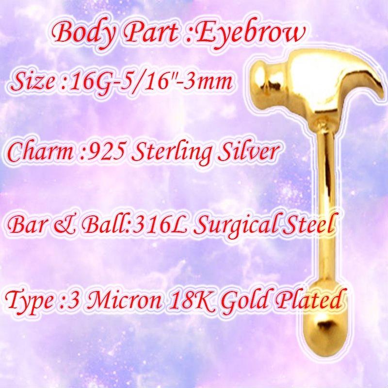 KODY PIERCING Пирсинг бровей молотком из 18-каратного золота с шариком - качественный пирсинг