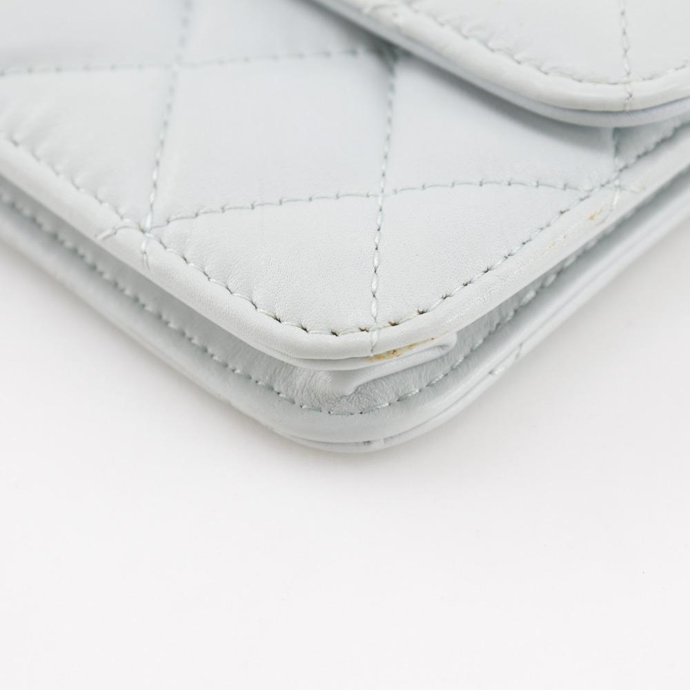 CHANEL Pearl strap flap wallet Shoulder Bag AP1838 Matelasse light blue leather/Fake pearl Women Used