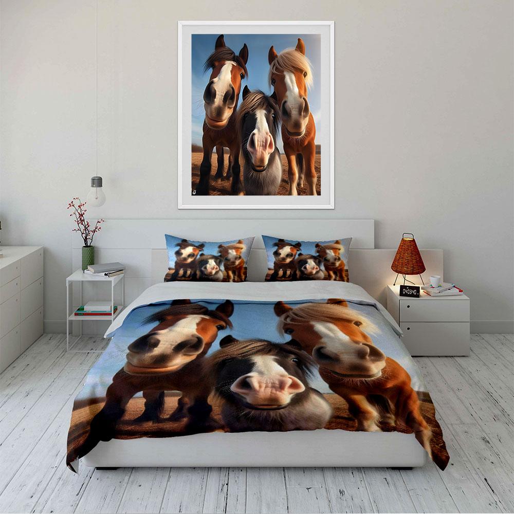 Three Cute Horses Close-Up Print Bedding Duvet Cover Set (1*Duvet Cover 2*Pillowcases, without duvet insert)
