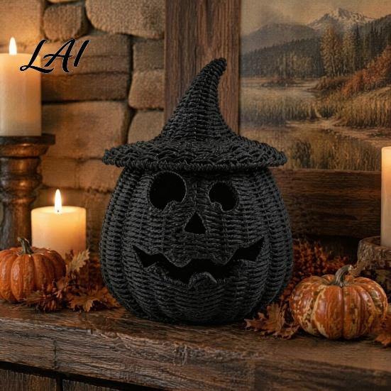 Dark Retro Party Ornaments Faux Rattan Halloween Pumpkin Figurine Black Resin Statue with Witch Fall Holiday Window Display Hat Rustic Wicker