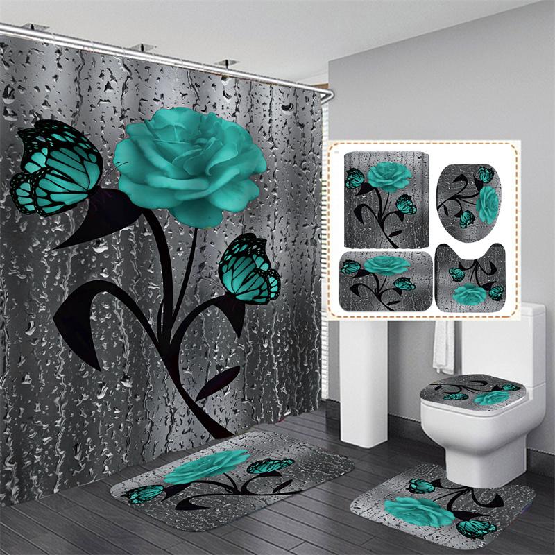 3D Beach Scenery Bathroom Bathing Waterproof Shower Curtain Home Entrance Doormat Bathtub 4Pcs Set Toilet Seat Cover Rugs Bath Non-Slip Floor Mat