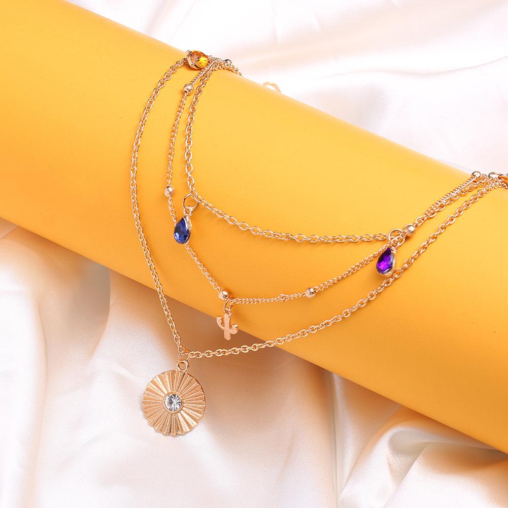 Women's Necklace Retro Style Disc 3-layer Geometric Cactus Colored Gemstone Necklace