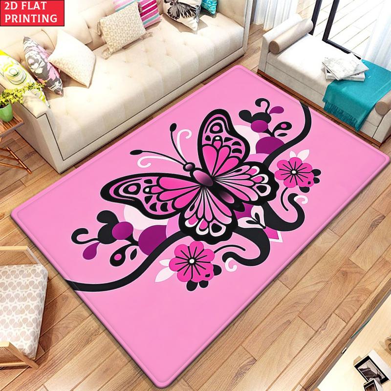 Pink Butterfly Floral Area Rug, Non-Slip Soft Carpet for Living Room Bedroom, Cute Cartoon Decorative Floor Mat for Kids Room