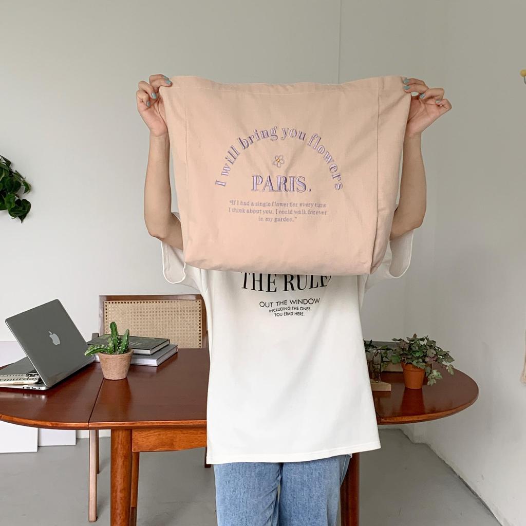 Women Letter Embroidery Shoulder Canvas Large Capacity Student Tote Bag