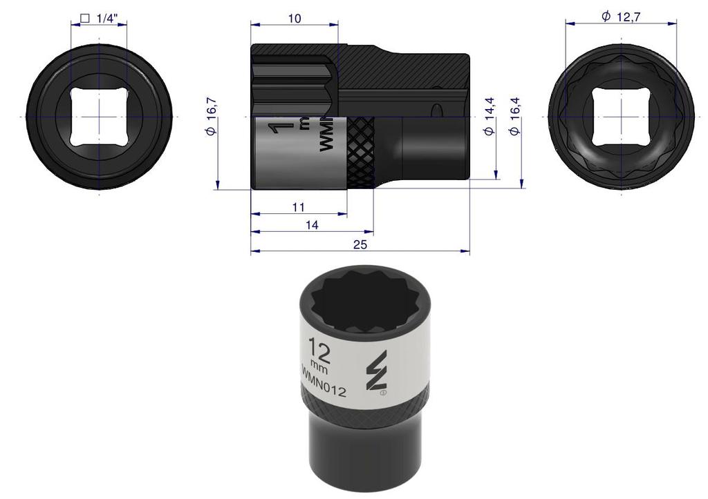 1/4" twelve-point socket. 12 . CrV50BV30. DIN 3124. Waryński