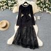 Women's Heavy Diamante Round Neck Long Sleeve Splicing Receiving Waist Sequins Mesh Irregular Dress