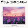 Sunset Flowers Grassland Photography Background Cloth - Vibrant Pink Purple Blue Flowers and Orange Pink Sunset Sky Desi