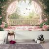 Pink Rose Balcony Tapestry, Romantic Floral Butterfly Background Cloth, Wedding Party Backdrop