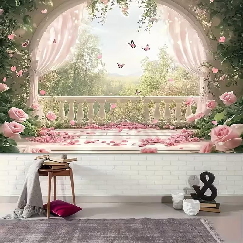 Pink Rose Balcony Tapestry, Romantic Floral Butterfly Background Cloth, Wedding Party Backdrop