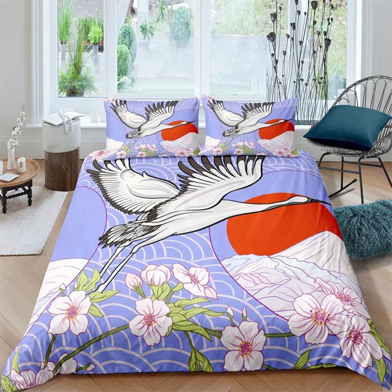 Пододеяльник с японским журавлем King Queen Size Wave Flower Ukiyo-e Style Комплект постельного белья Восточная культура 2/3 шт. Полиэстеровый пододеяльник