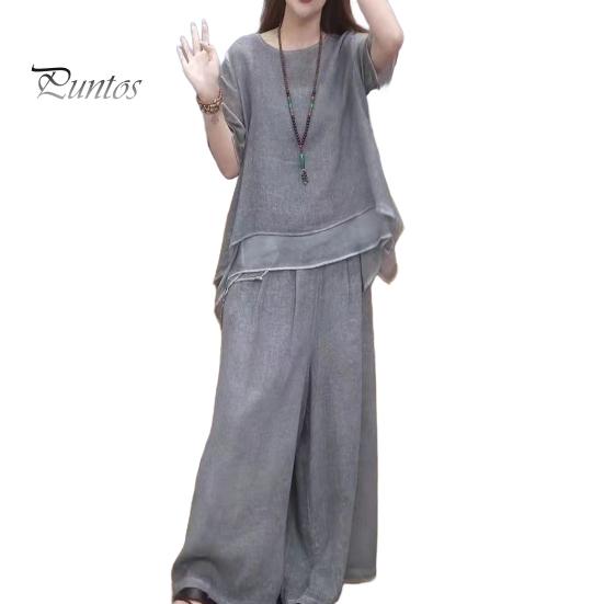 2 шт./комплект женский топ брюки комплект круглый вырез половина рукава неровный подол блузка широкие брюки эластичный пояс широкие брюки повседневный досуг свидание наряд