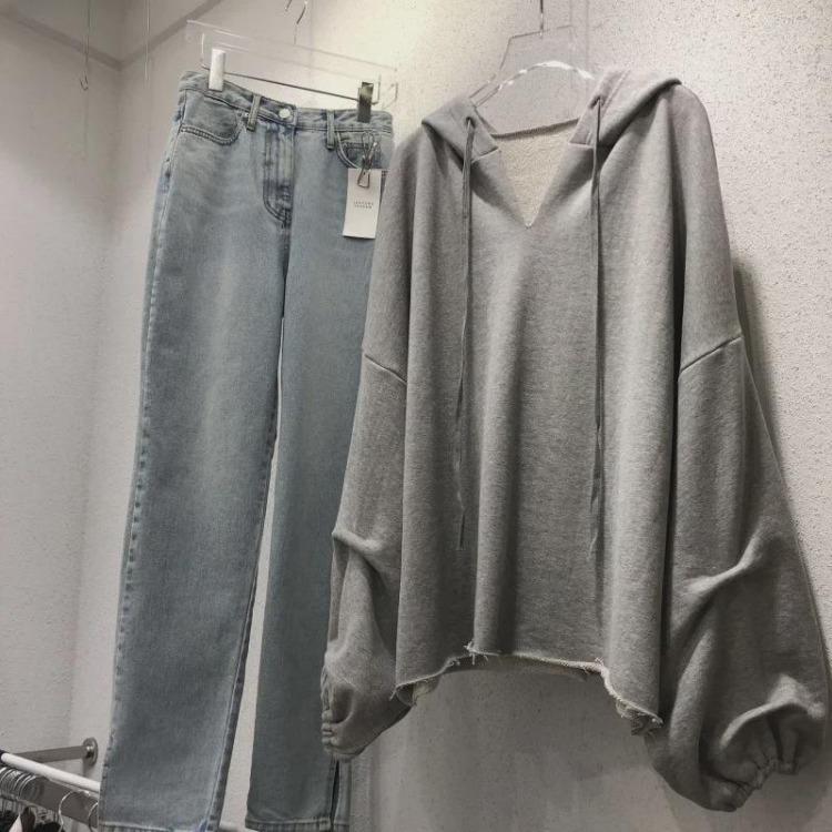 Корейский стиль женский свободный тонкий хлопковый свитер с капюшоном и V-образным вырезом однотонный цвет для весны и осени