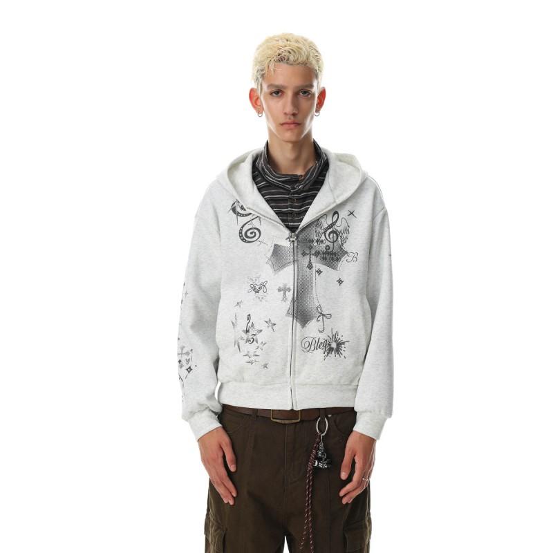 Mens Oversized Hooded Zip-Up Sweatshirt Vintage American Streetwear Cotton Pullover With Cross Print