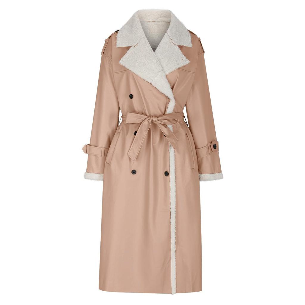 Женская куртка, длинная, однотонная, модная, однотонная, с воротником-стойкой, с лацканами, композитная кожа, плюшевое пальто