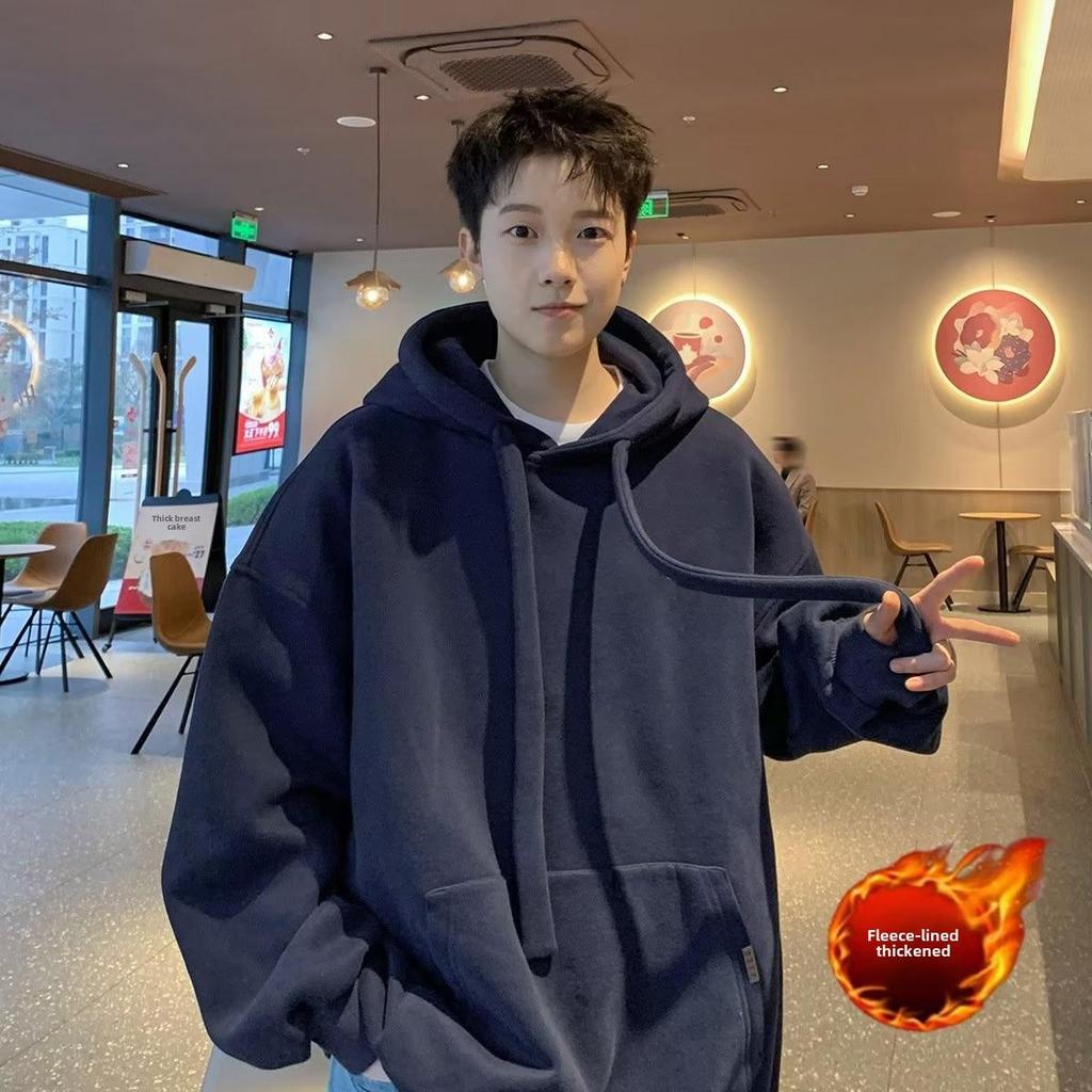 Huamian Men's Heavyweight Hooded Sweatshirt - New Autumn/Winter, Velvet Lined, Trendy American Style, Loose Fit