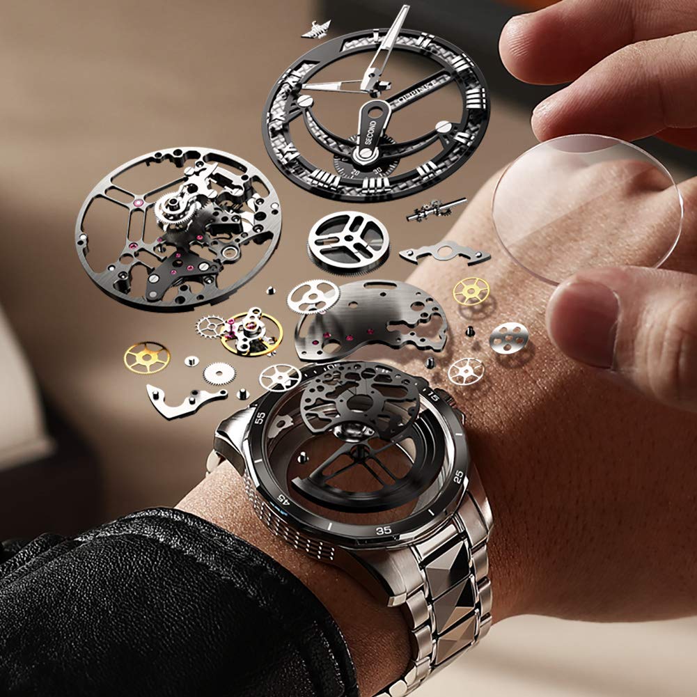 Наручные часы, роскошные механические скелетонированные автоматические часы, стильные, водонепроницаемые, 50 м, сапфировое стекло, вольфрамовый ремешок, светящиеся часы для мужчин, серебристо-черные