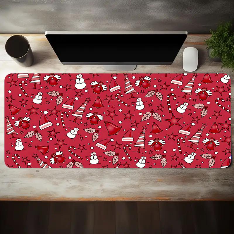 A Large Gaming Mouse Pad Featuring a ChristmasThemed Red Background with Full Print Design Equipped with a NonSlip
