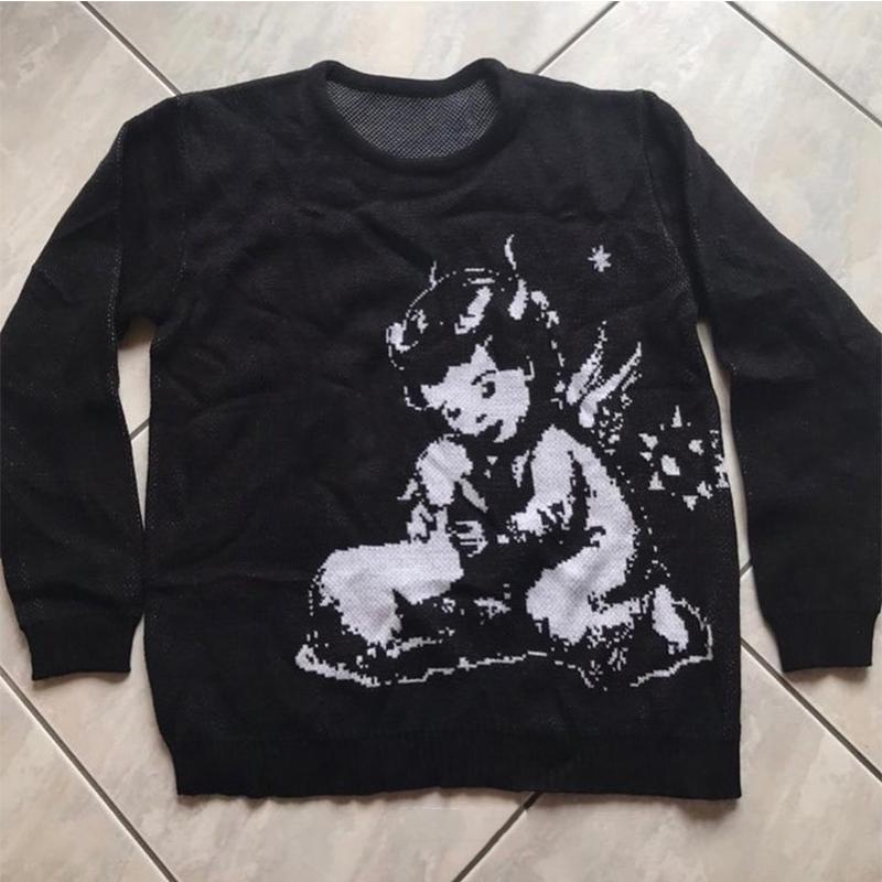Children Cartoon Printing Y2K Harajuku Vintage Cute O-neck Pullover Sweater Pattern Knit Warm Loose Oversized Sweatshirt Women