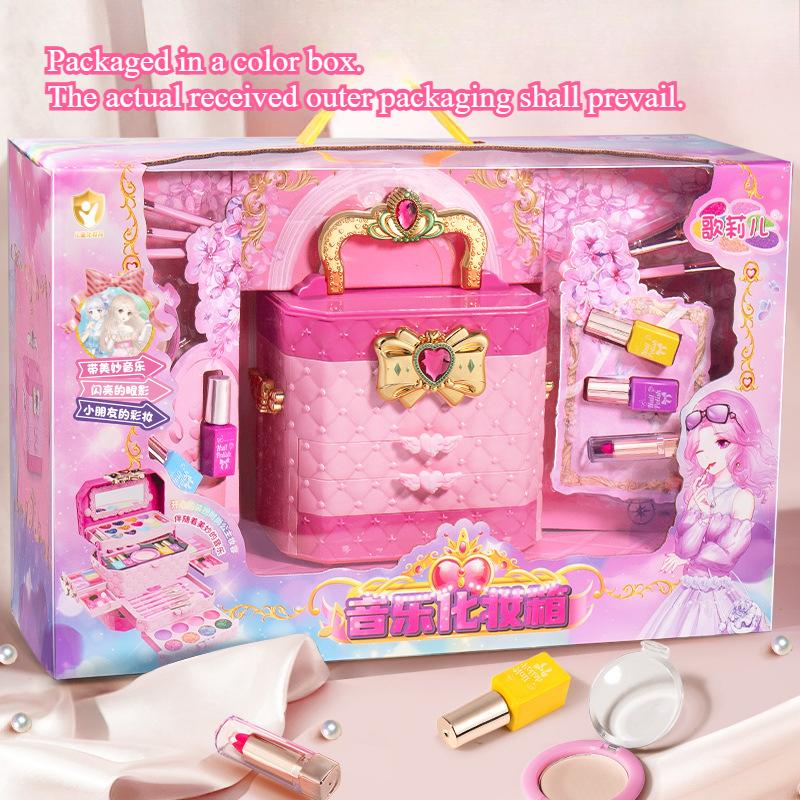 Набор макияжа для девочек, трехъярусный косметический игрушечный сундучок, детские игровые кисточки для макияжа, помада, румяна, тени для век, лак для ногтей, игрушка «Принцесса Красоты»