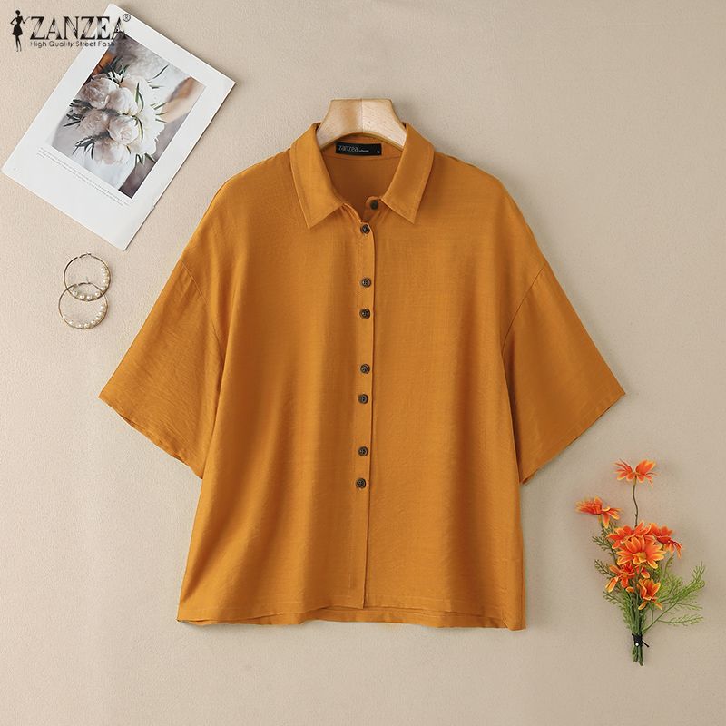 ZANZEA Женская повседневная летняя блузка с отложным воротником и коротким рукавом