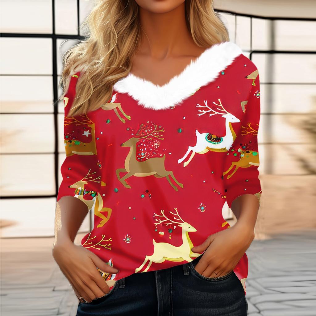 Женская мода с длинным рукавом и рождественским принтом, праздничный воротник, V-образный вырез