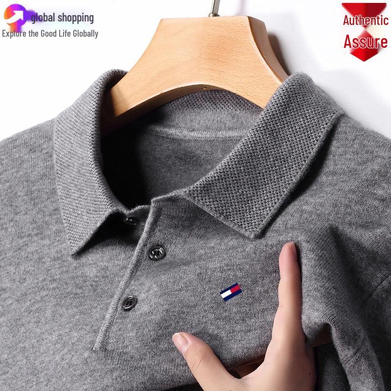 Оригинальный мужской джемпер Tommy из кашемира с длинным рукавом - Однотонный, с вышивкой, с воротником, большого размера, универсальный вязаный базовый слой.