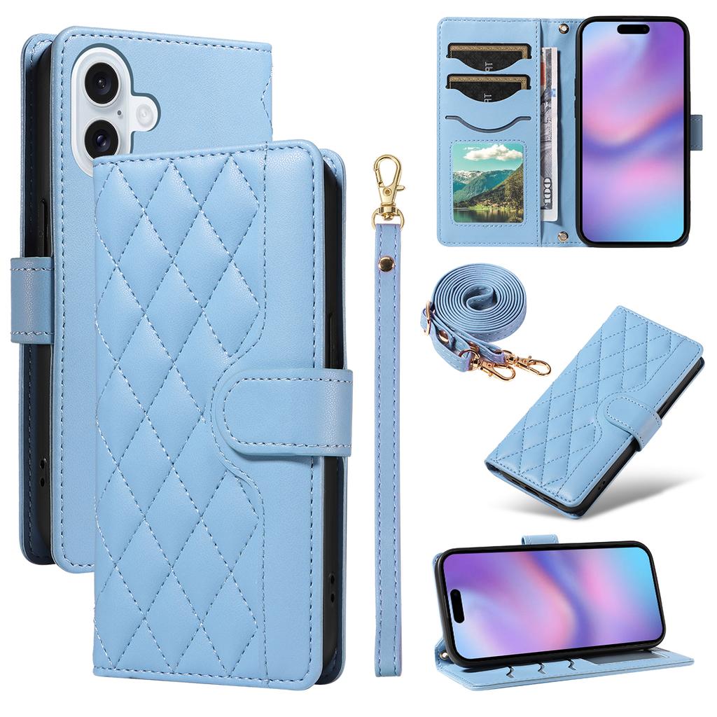 For iPhone 17 Wallet Case Rhombus Leather Phone Cover with Strap