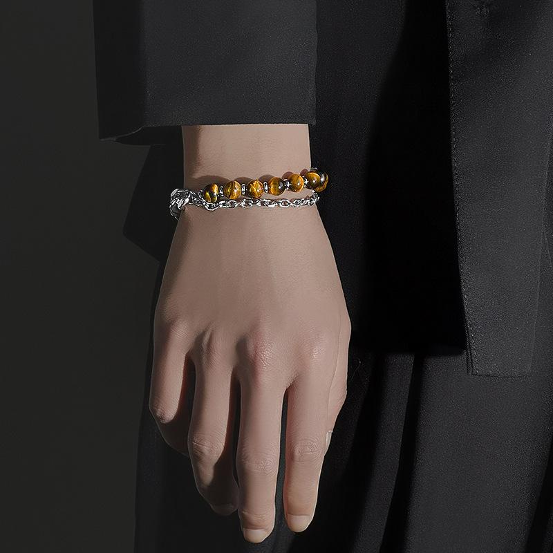 Men’s Stainless Steel Tiger Eye Double-Sided Polished Chain Bracelet with Natural Stone Beads.