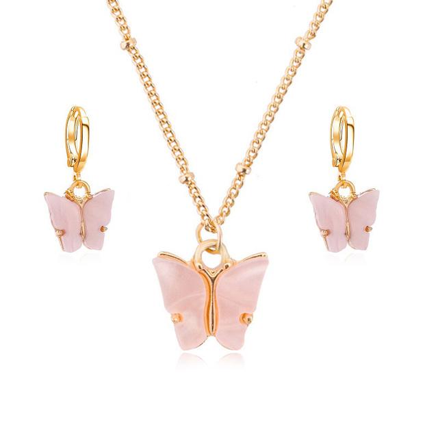 Acrylic Butterfly Pendant Earrings Necklace Combination Set Japan And South Korea Sweet Style Alloy Chain Jewelry Set