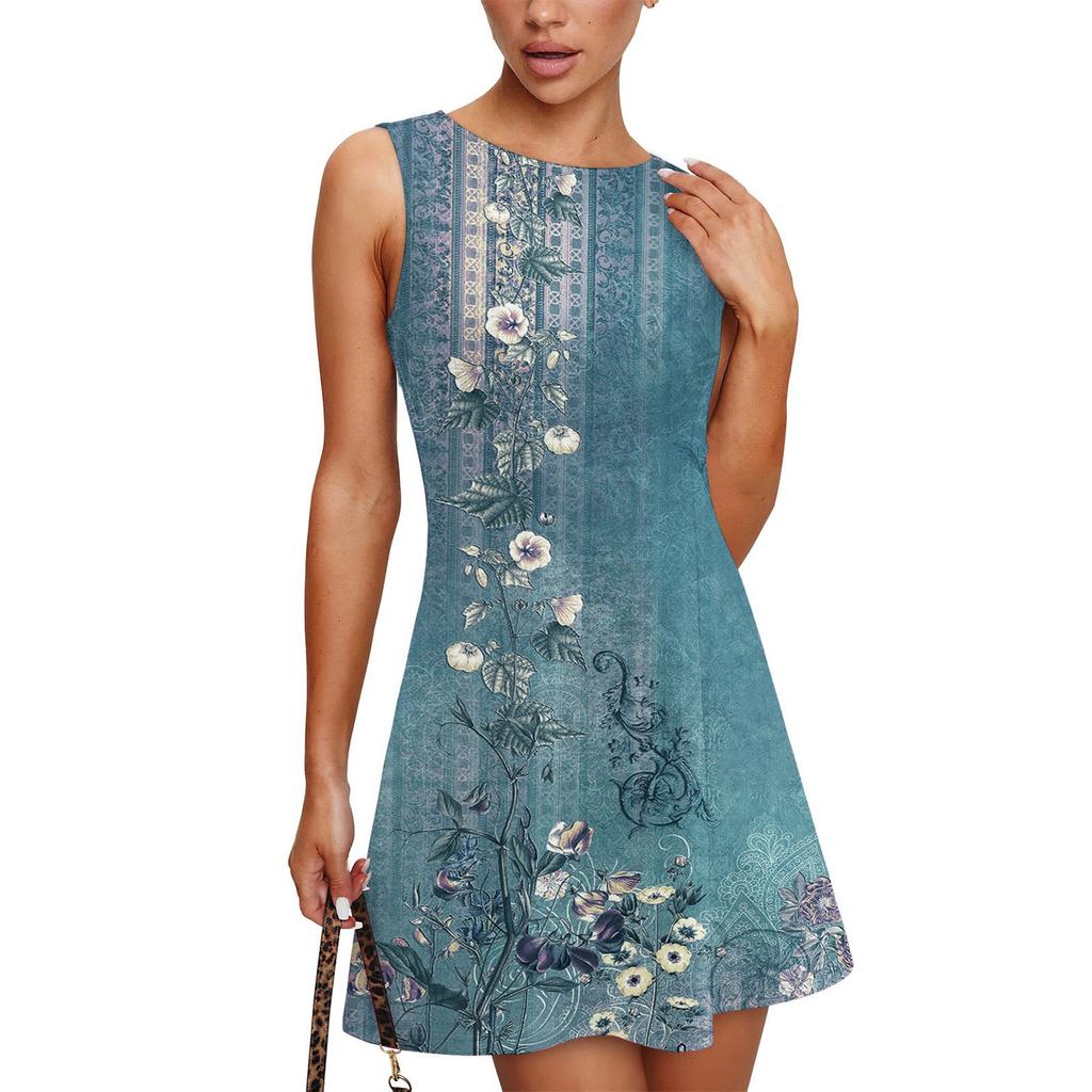 Women's Fashionable Casual Printed Sleeveless Round Neck Dress Sleeveless Round Neck Dress
