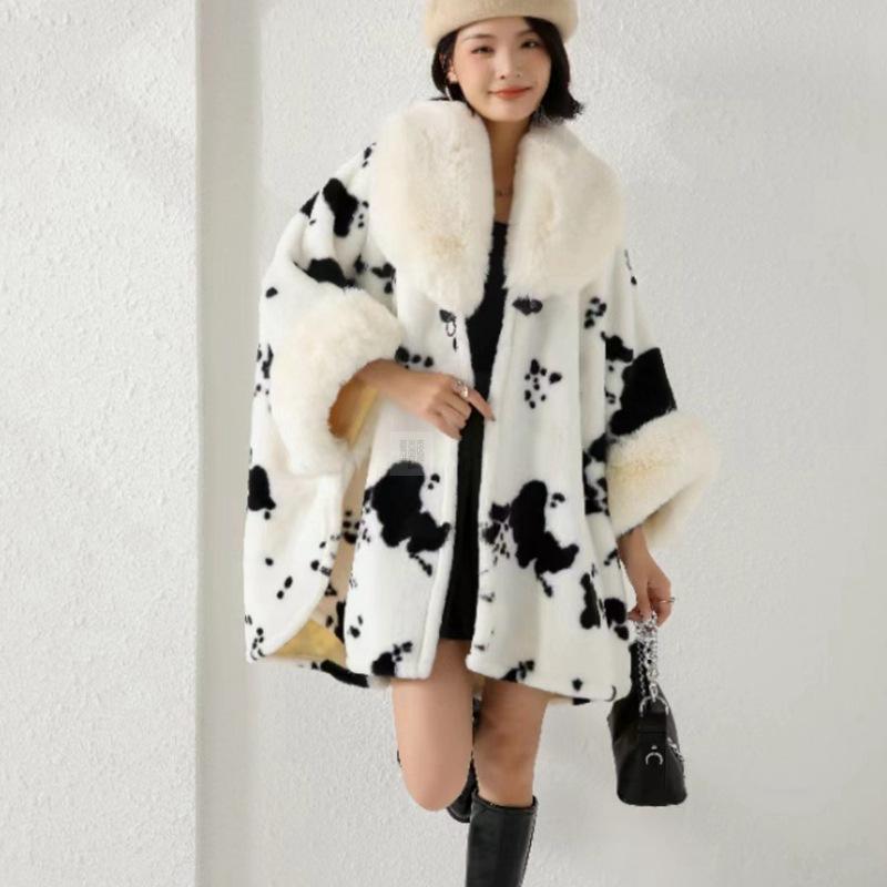 4 Colors Lady Loose Faux Fur Woolen Leopard Capes Women Winter Warm Thicken Batwing Sleeves Loose Cloak Streetwear Overcoat