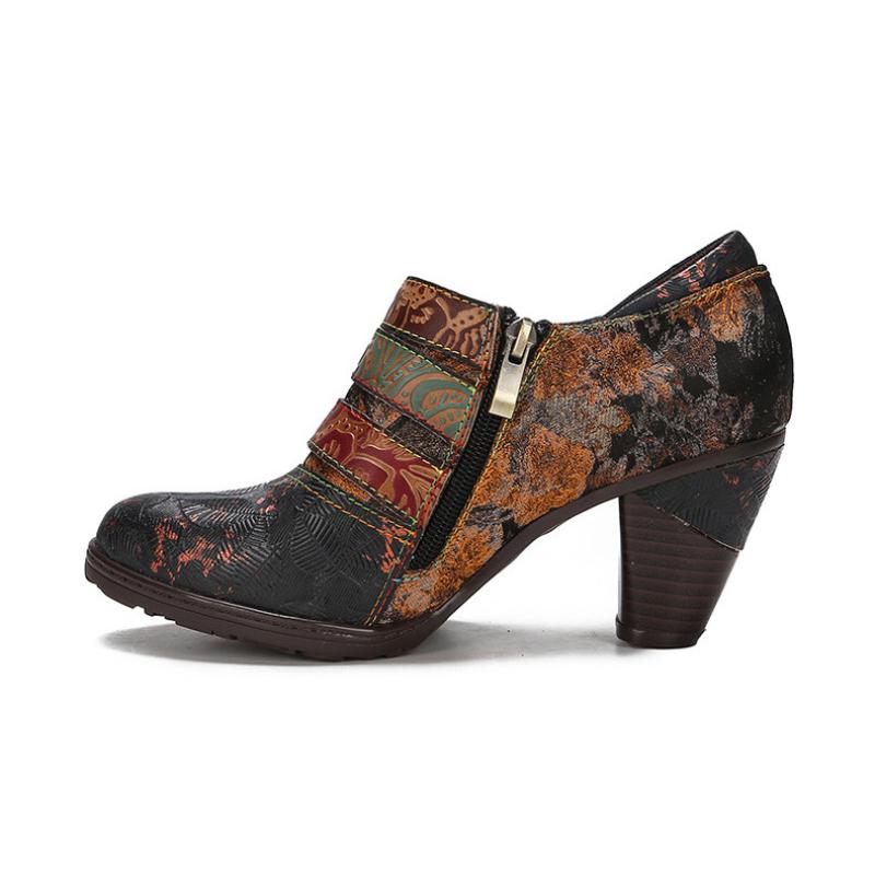 Johnature Туфли-лодочки из натуральной кожи, женская обувь, модная женская обувь ручной работы на высоком каблуке с круглым носком в стиле ретро с принтом