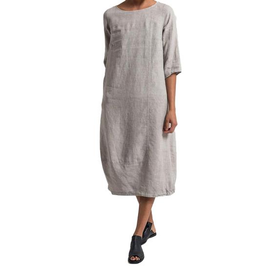 Newest Vintage Summer Women Solid Color O Neck Half Sleeve Linen Soft Loose Midi Dress