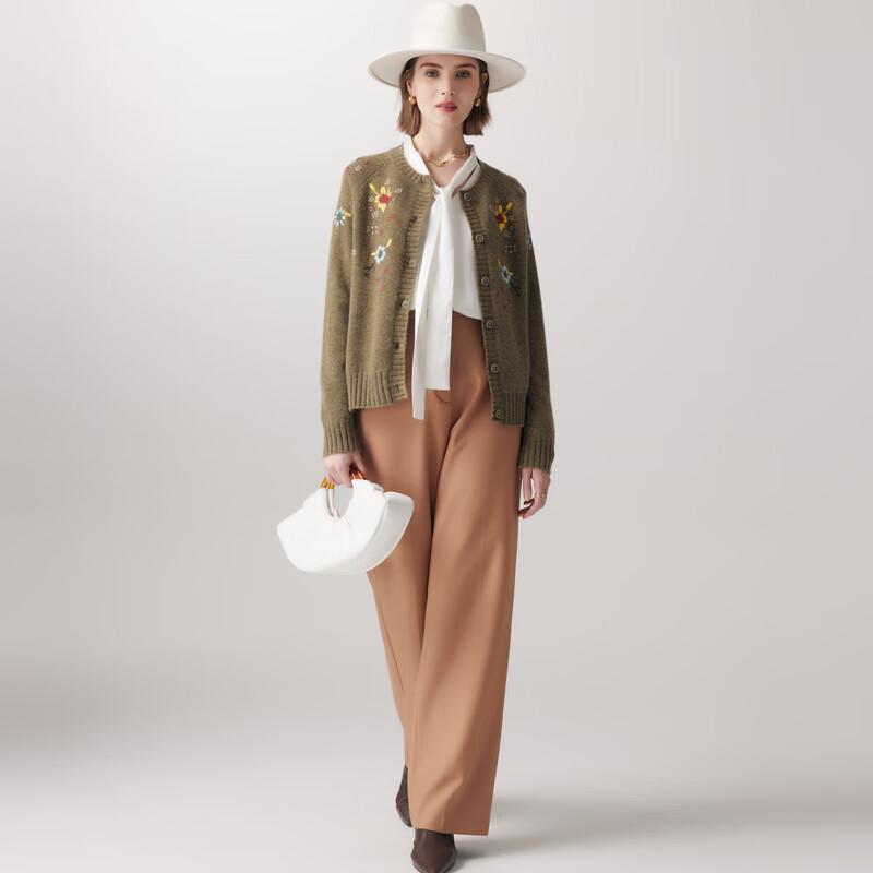 PALUOPO Women's Embroidered Thick 100% Cashmere Round Neck Cardigan