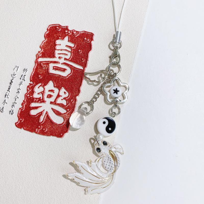 Vintage Chinese Style Koi Fish Phone Lanyard Retro Tai Chi Phone Chain Y2K Beaded Cellphone Charm Keyring Camera Pendant