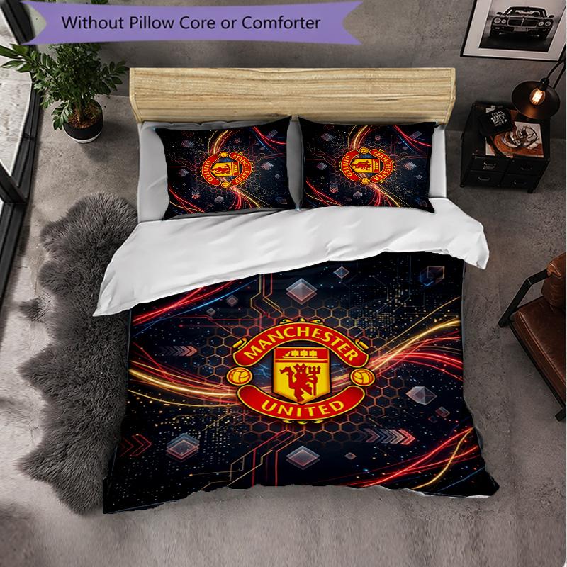 Manchester United Pattern 3 Pieces Bedding Set Soft Microfiber Duvet Cover with Pillow Cases for Bedroom