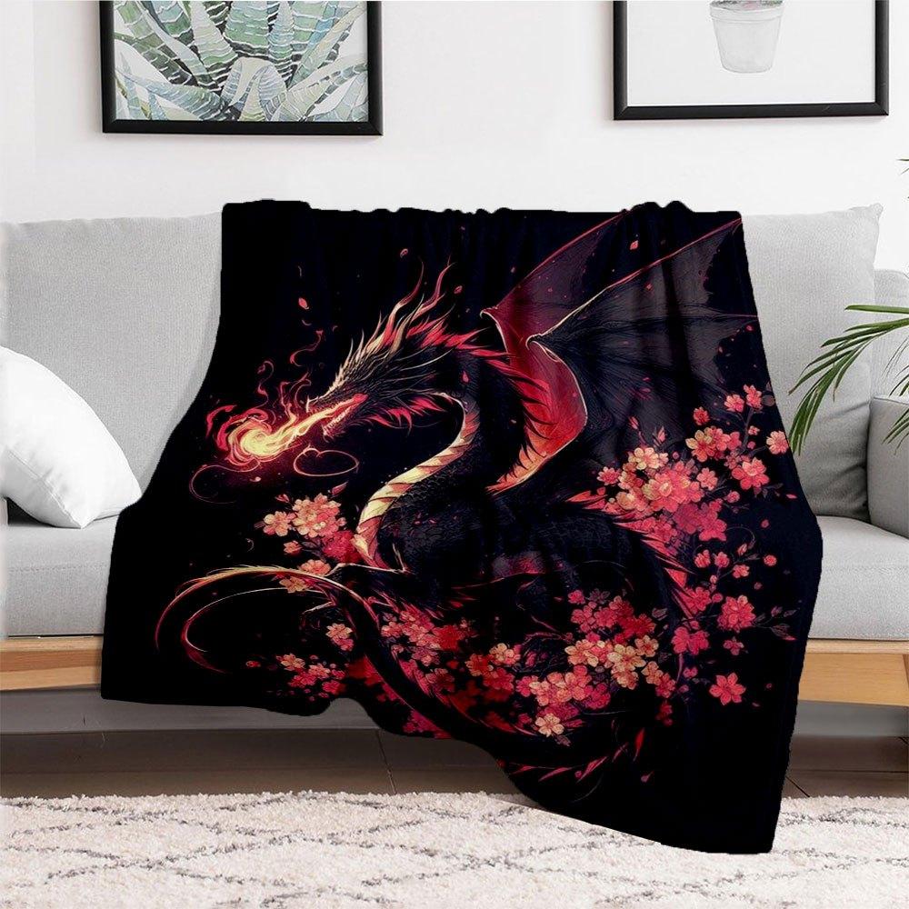 Fantasy Dragon with Fire and Flowers Wall Art Print PosterBlanket Flannel Throw Blanket for Sofa, Bed, Travel, Camping, Office, Couch, Chair