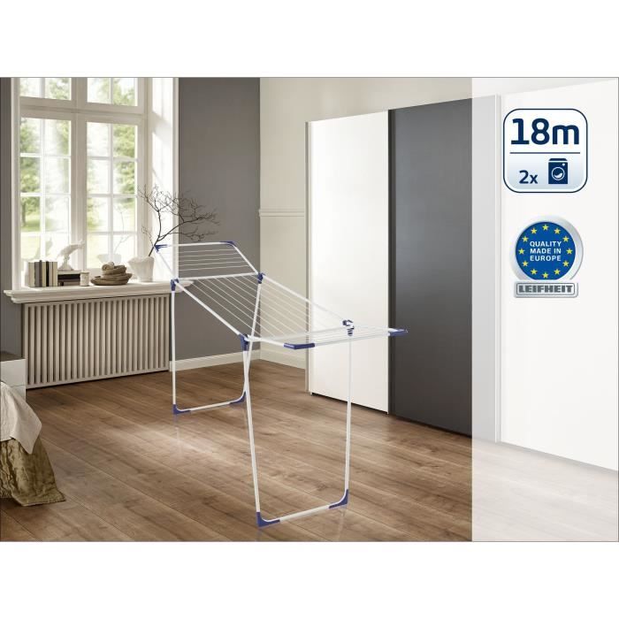 Étendoir à linge Leifheit Classic 180 Solid 81621, séchoir à linge compact avec 18m d'étendage et 4 supports pour cintres, blanc