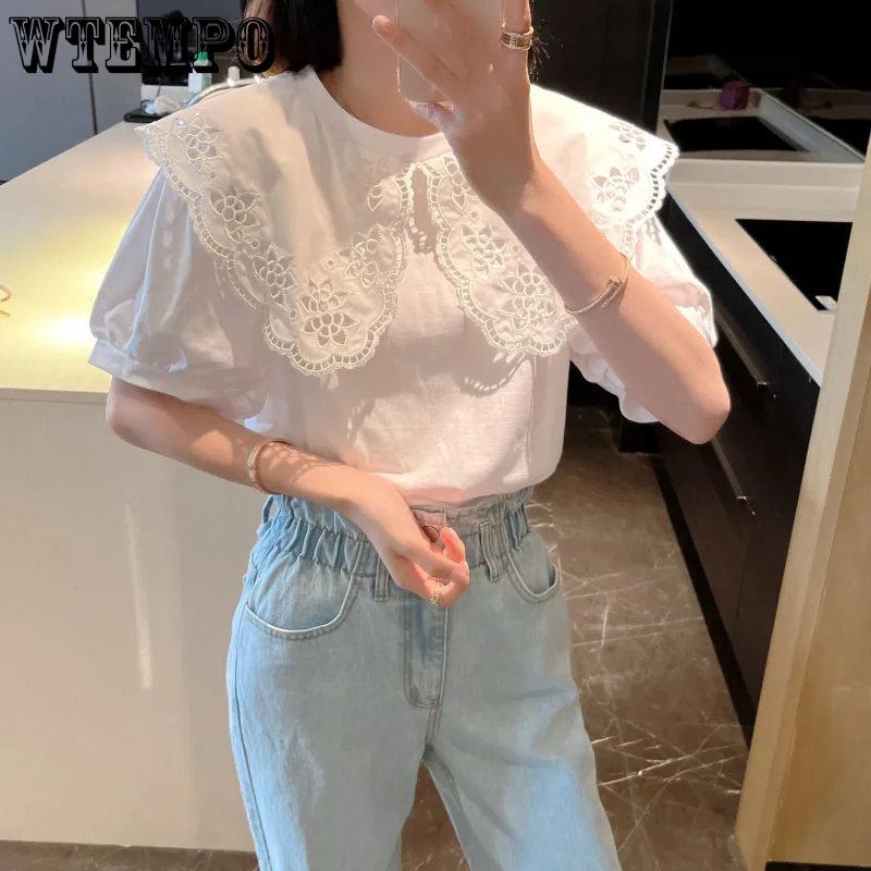 WTEMPO White Shirt Women Chic Hollow Out Peter Pan Collar Sweet T-Shirts Female Loose Y2K Korean Tops