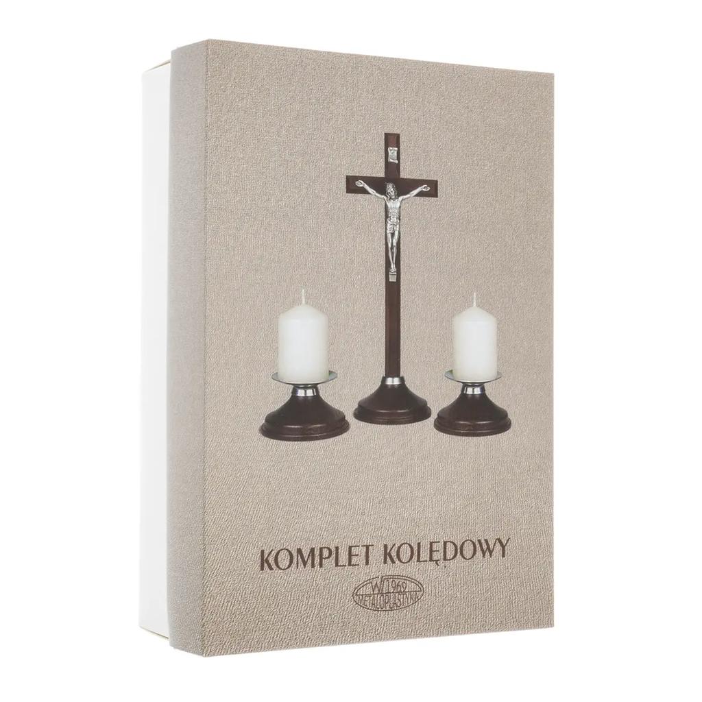 Beige Wooden Christmas Carol Set with Cross and Candlesticks in a Box 22