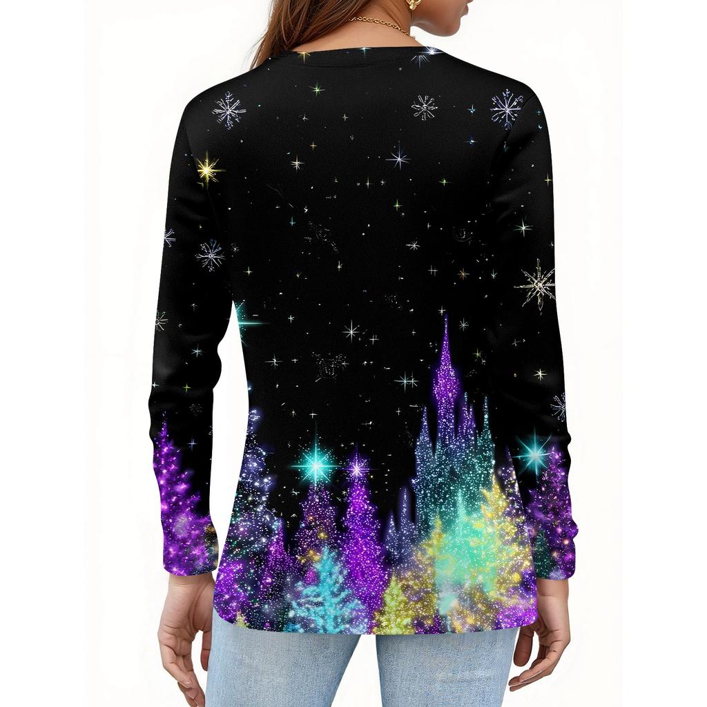 Женская футболка с рождественским принтом на пуговицах с длинным рукавом, повседневная, выходного дня, модная, базовая, с V-образным вырезом, обычная